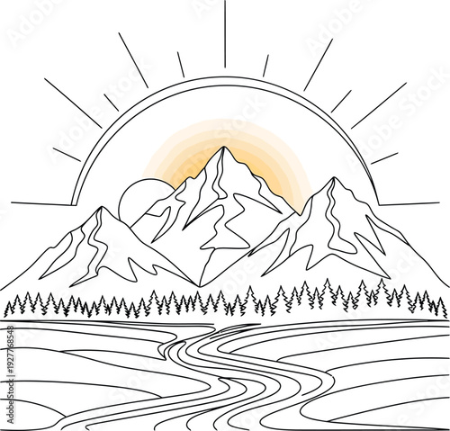 Simple line art illustration of a mountain landscape with a rising sun and a winding river Vector