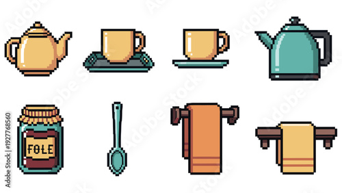pixel art tea set with kettle teapot cups jar spoon and towels collection