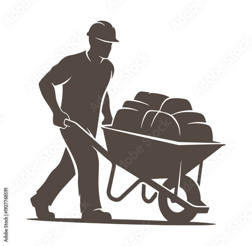 Man pushing a wheelbarrow full of heavy loads on a construction site with safety gear