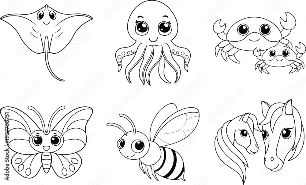 Fototapeta premium Cute Kawaii Sea Creatures and Insects Coloring Book Page Set for Kids