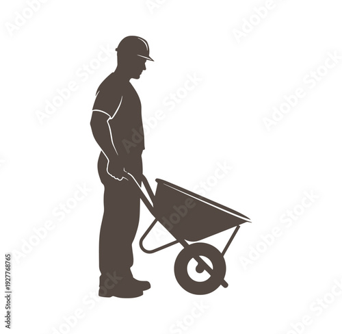 Man pushing a wheelbarrow outdoors in a construction site or garden