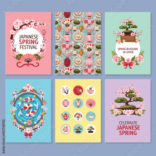 Collection of six colorful Japanese-themed illustrations celebrating spring festivals and traditions with cherry blossoms, koi fish, and bonsai trees.