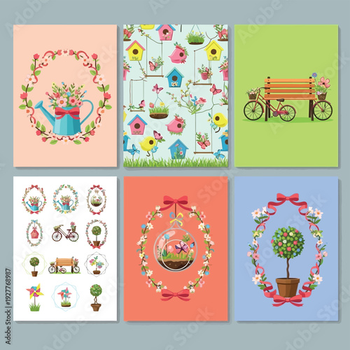 A collection of six charming spring-themed illustrations featuring watering cans, birdhouses, bicycles, benches, and topiary trees.