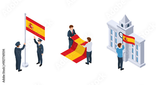isometric people holding and raising spain flags in front of flagpole and building set
