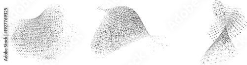 Vector particle flow formed by dynamic black textures. Organic particle shape with depth and movement. Noise texture with dynamic particle textures for design overlay.