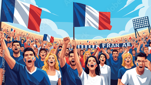 large group of enthusiastic french soccer fans cheering in stadium holding flags and scarves hand drawn vector illustration