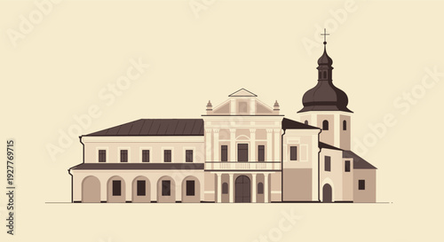 historic church building with baroque style tower and classical facade in vector illustration