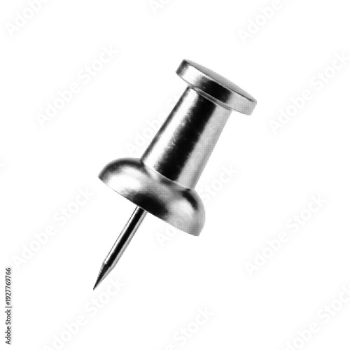 Push pin isolated on white background. Metal thumbtack in black and white halftone style. Office supply for bulletin board, note attachment and organization concept.