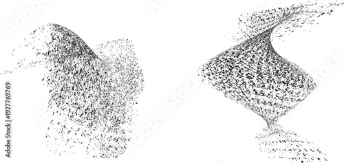 Vector particle flow formed by dynamic black textures. Organic particle shape with depth and movement. Noise texture with dynamic particle textures for design overlay.