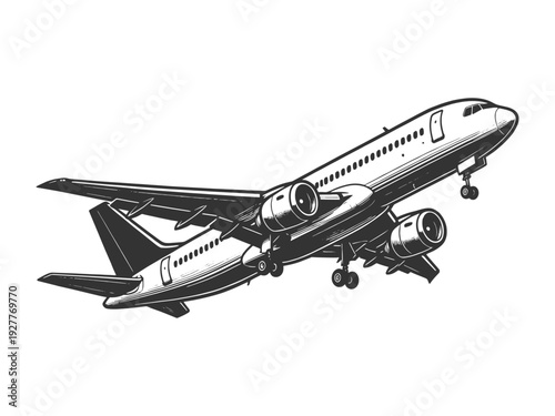 commercial passenger airplane taking off with landing gear visible, symbolizing travel, aviation, and transportation sketch engraving generative ai vector illustration. Scratch board. Black and white.