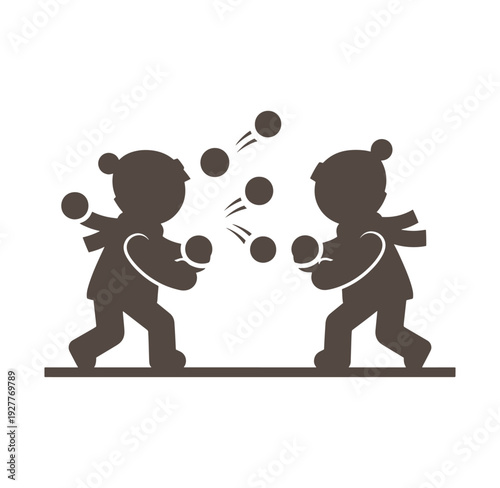 Two cartoon children throwing snowballs at each other in winter fun scene