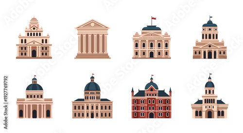 set of historical government buildings with classical and neoclassical architectural styles flat icons