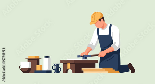 illustration of a carpenter working with hammer and wooden pieces flat design