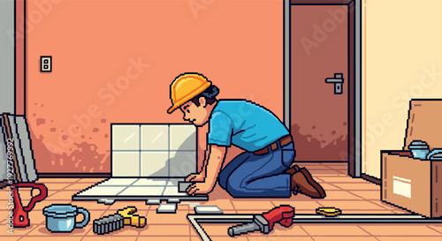 construction worker installing floor tiles in pixel art style home renovation scene