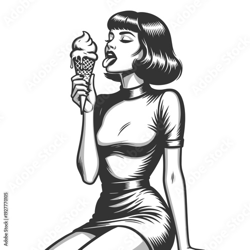 glamorous retro woman licking an ice cream cone, playful summer portrait with pinup style sketch engraving generative ai fictional character vector illustration. Scratch board. Black and white image.