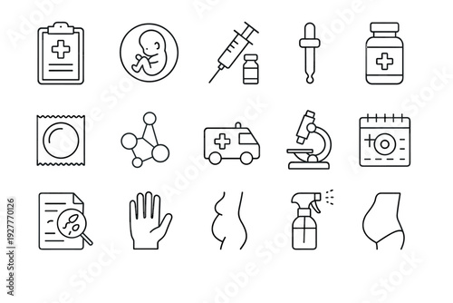 hand drawn medical and pregnancy icon pack with syringe microscope and embryo outline