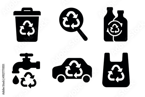 black recycling icons set with trash bin magnifier bottles faucet car and shopping bag symbols