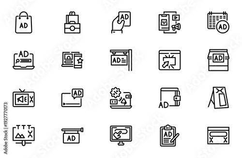 Advertising and Marketing Line Icon Set for Digital Campaign, Market Strategy, Promotion and Brand Communication Outline Vector Collection