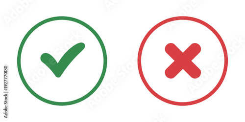 Flat Rounded Right and Wrong Vector Icons, Check Mark, X Mark, Cross, Circle Tick Thin Line for Approval, Rejection, Infographics