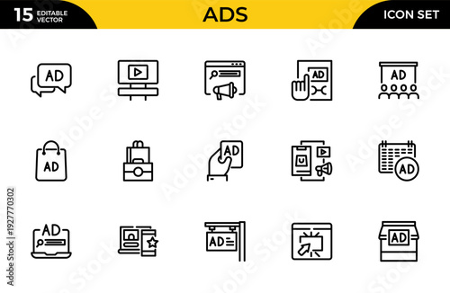 Advertising and Marketing Line Icon Set for Digital Campaign, Market Strategy, Promotion and Brand Communication Outline Vector Collection