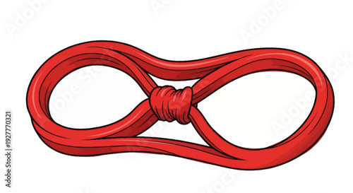 Red elastic fitness resistance band tied in a figure eight knot, cartoon vector illustration.