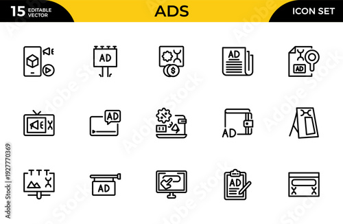 Advertising and Marketing Line Icon Set for Digital Campaign, Market Strategy, Promotion and Brand Communication Outline Vector Collection