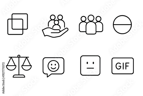 set of simple hand drawn outline social and communication icons with people hand balance and chat emoticons