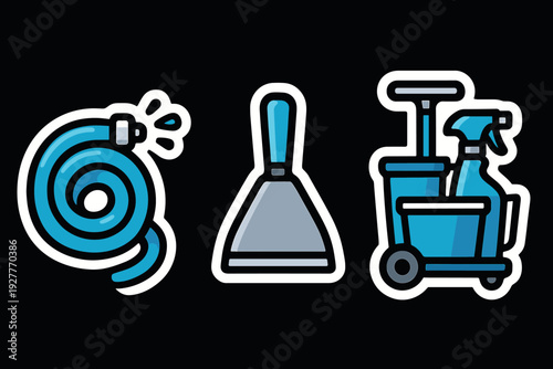 cleaning tools set with water hose scraper and spray bottles hand drawn icons