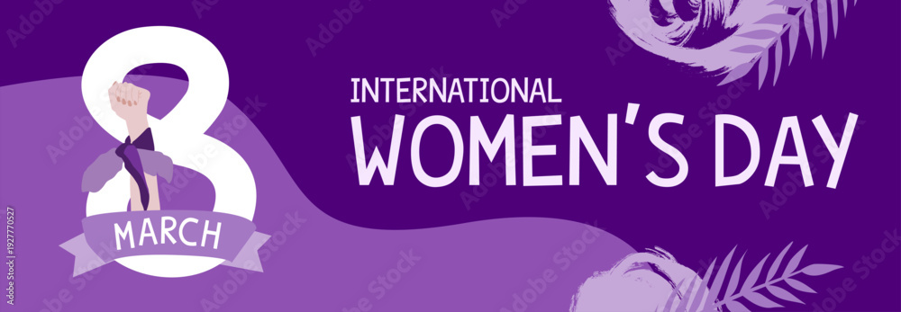Fototapeta premium Couverture réseaux sociaux ou site internet pour célébrer la journée internationale des droits des femmes le 8 mars - illustration vectorielle avec la silhouette d'un poing levé qui sort du 8 