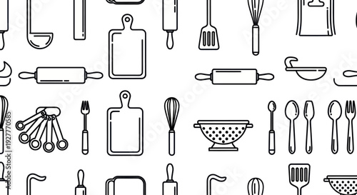 Seamless pattern of kitchen utensils and cooking tools