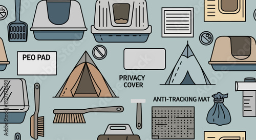 Seamless Pattern of Cat Litter Box Accessories and Cleaning Tools