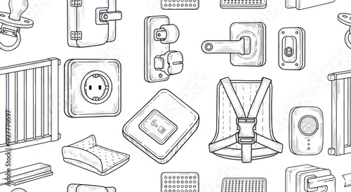 Seamless pattern of child safety and baby proofing items illustration.