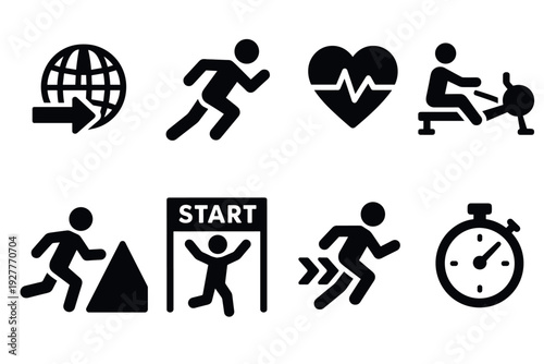 set of black running and fitness icons with stopwatch heart health and globe in silhouette style