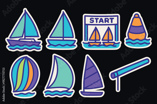 set of colorful hand drawn sailing boat stickers and nautical elements in cartoon style