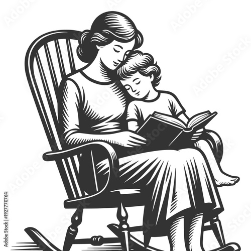 mother sitting in a rocking chair reading a book to her young son, warm family moment sketch engraving generative ai fictional character vector illustration. Scratch board imitation. Black and white.
