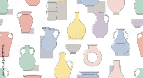 Seamless pattern of various ceramic pottery and vases in pastel colors.