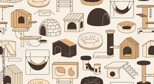 Seamless pattern of various minimalist cat houses and cozy pet accessories