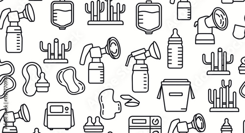 Seamless pattern of breast pump and newborn care line icons.