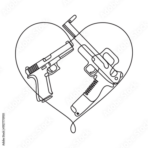 A minimalist line drawing depicts two handguns forming the shape of a heart a disturbing juxtaposition