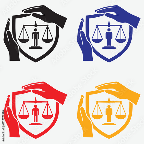 Legal Protection and Human Rights Icon Set. Hands Holding Shield with Justice Scales and Person. Social Welfare and Insurance Vector.