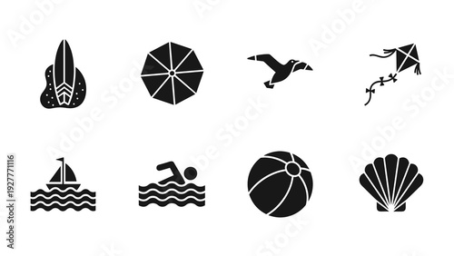 set of eight hand drawn summer beach icon silhouettes including surfboard umbrella bird kite sailboat swimmer beach ball and seashell