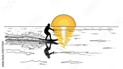 silhouette of a man waterskiing on lake at sunset hand drawn vector illustration