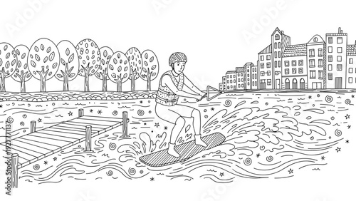 man wakeboarding on river near lakeside dock and cityscape hand drawn line art illustration