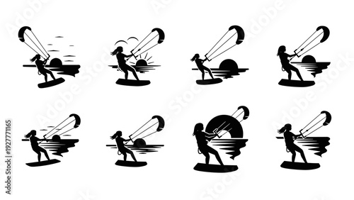 silhouette set of kite surfer riding waves at sunset hand drawn vector illustrations