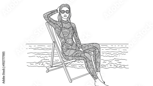 woman with full body tattoo sitting on beach chair by the sea hand drawn line art illustration
