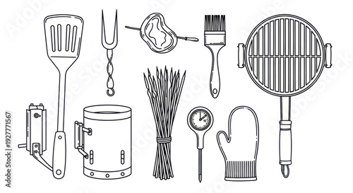 Set of barbecue and grilling tools with food items.