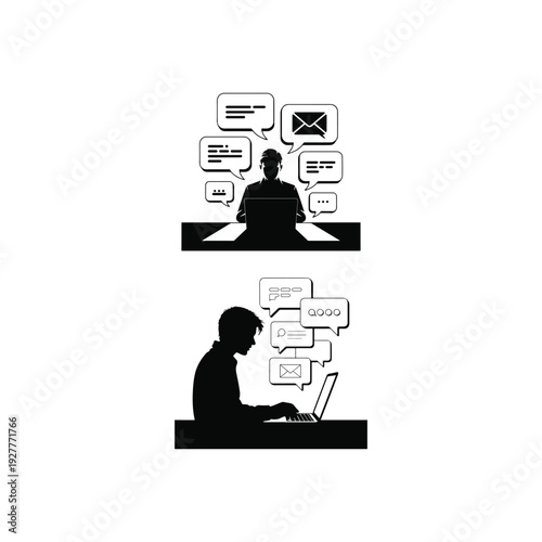 Silhouettes of two men using laptops surrounded by chat bubbles and email on white background
