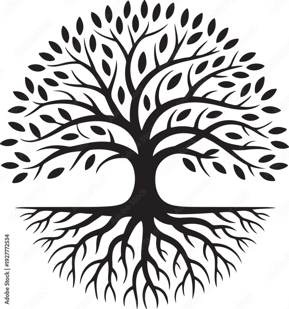 Obraz premium Black vector tree, leafs and roots