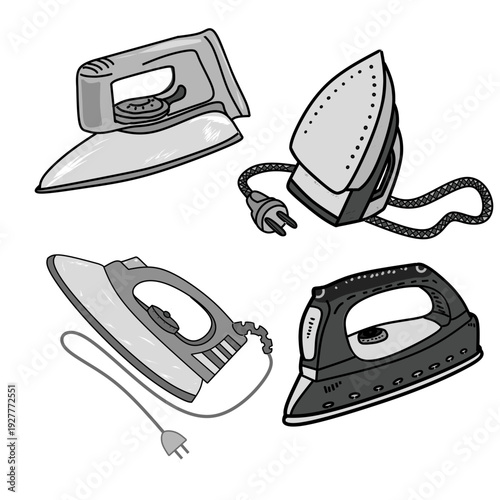 Set of electric irons vector illustration, household laundry appliances collection isolated on white background, simple flat home equipment design perfect for domestic and cleaning graphics.