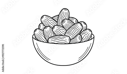 A black and white illustration of a bowl filled with several peanuts on a plain white surface in a simple line drawing style